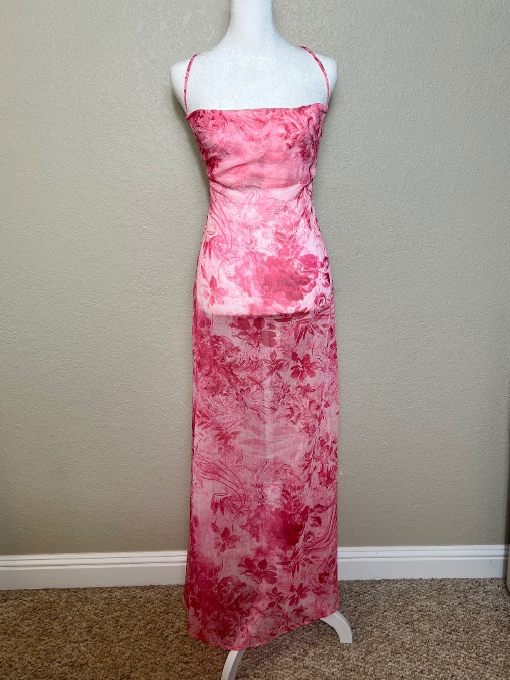 NEW - Peppermayo Tara Maxi Sheer Dress Pink Print Open Lace-Up Back - Picture 3 of 10